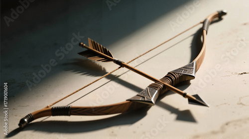 Vintage wooden bow with arrows resting on a textured surface  