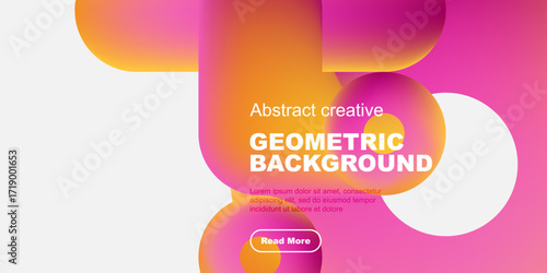 Vibrant abstract shapes overlap black background. Text promotes geometric design, includes read more button. Modern, colorful composition.