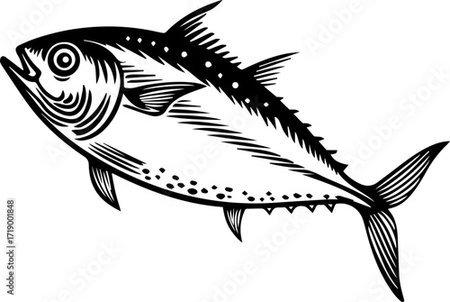A detailed line art drawing of a tuna fish.