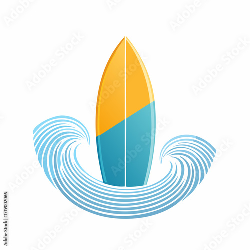 A vibrant surfboard with orange and blue sections stands upright amidst stylized blue ocean waves.