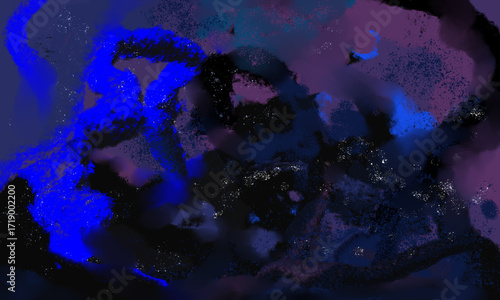 Abstract background in dark colors. Blue, black, and lilac blurred lines with gold sparkles on a dark background.