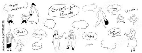 あいさつする人々_手書きイラスト＆吹き出し＆テキスト｜Greeting People