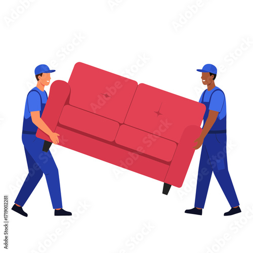 Two male movers in blue uniforms collaboratively carry a heavy red sofa.