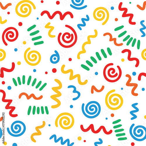 Colorful Confetti Pattern Background: Fun Party Design with Spirals, Zigzags & Dots - Cheerful Celebration Graphic for Events & Crafts