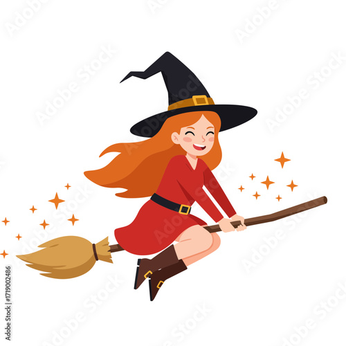 A cute cartoon witch with red hair happily flies on a broomstick with sparkles.