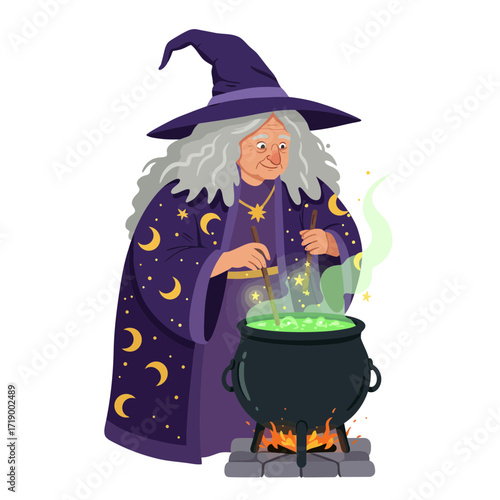 An old witch with a tall hat stirs a glowing green potion in a large cauldron.
