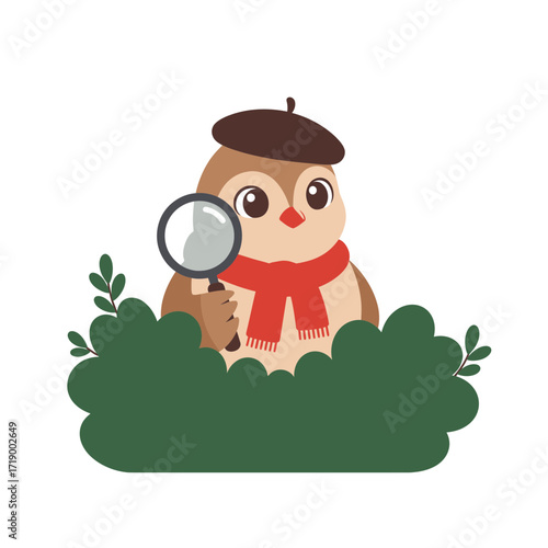 A cartoon owl detective in a scarf and beret peeks from a bush with a magnifying glass