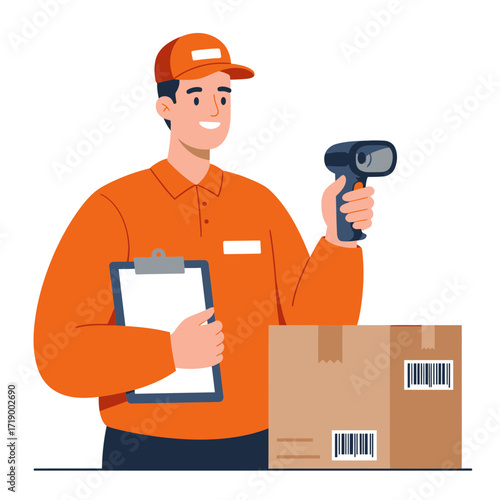A male delivery courier in an orange uniform holds a clipboard and a barcode scanner.
