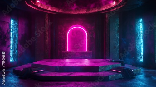 Futuristic stage with neon lights in a dark, mysterious setting