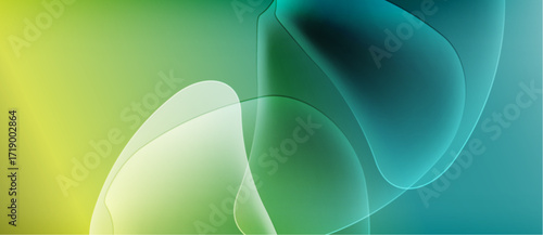 Abstract fluid shapes blend, creating vibrant green, yellow hues. Soft light, smooth gradients define organic forms. Minimalist design.