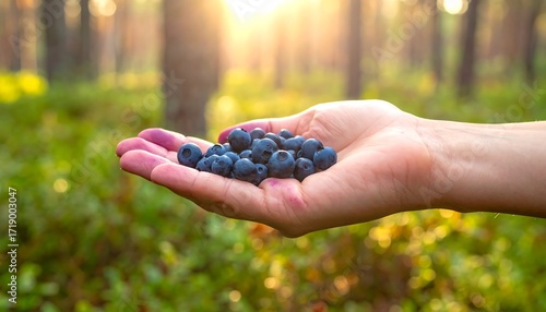 Fototapeta Naklejka Na Ścianę i Meble -  Handful of blueberries in forest