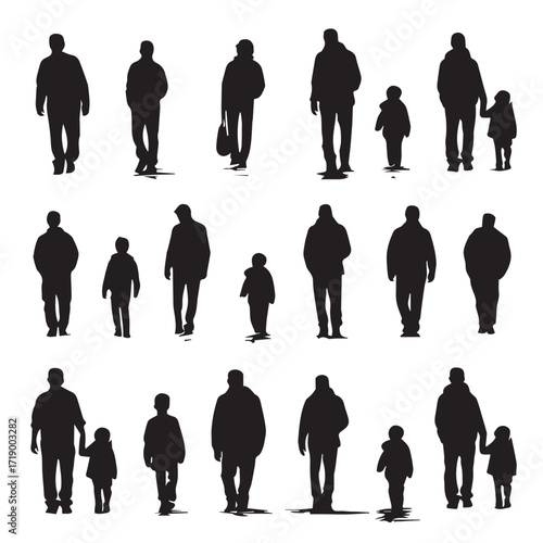 Collection of fatherhood silhouettes depicting parental love and family bonds isolated on white background