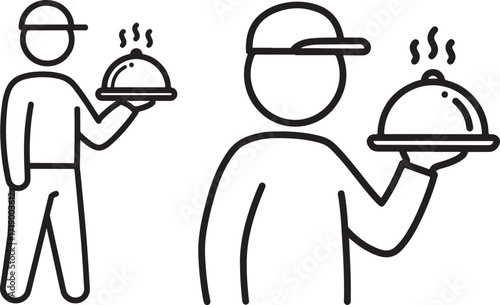 Two food delivery people holding covered dishes silhouette
