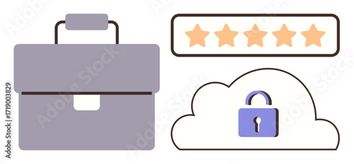 Briefcase implying work or business, five-star rating symbolizing quality, and a locked cloud representing digital security. Ideal for business, professionalism, quality, security, cloud storage