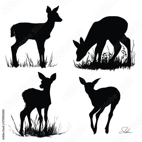 Collection of black and white fawn silhouettes in various poses isolated on white background