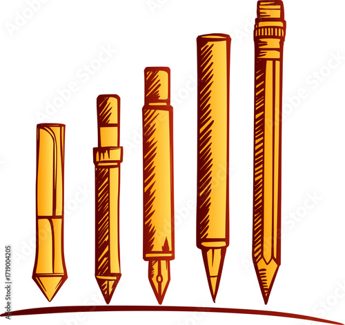 hand-drawn illustration showcasing a variety of writing instruments arranged in a row. The illustration features a highlighter, a mechanical pencil, a fountain pen, a mechanical pencil, wooden pen.
