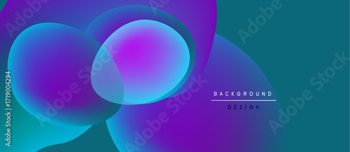 Abstract vibrant background. Overlapping circles create fluid shapes, gradients shift from purple to teal. Modern design element.