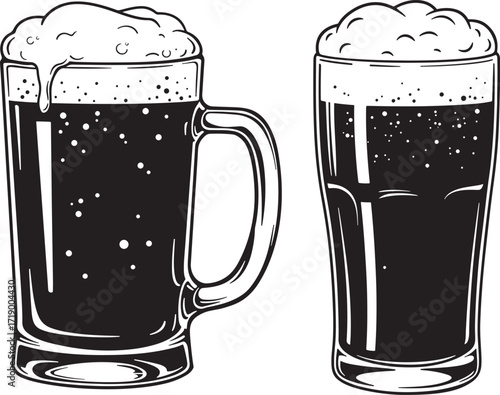 Two frothy beer glasses silhouette