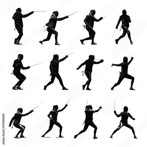 Diverse fencing poses silhouette collection of athletes in action isolated on white background