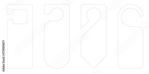Vector icon set of hotel door hangers with tag shapes for handle or knob. Cardboard flyer mockups with paper die cut label design for room signage. Flat template isolated on white background