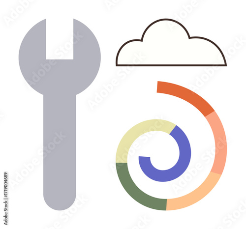 Large wrench, outlined cloud, and colorful spiral chart represent system maintenance, cloud computing, data analysis. Ideal for technology, IT services, troubleshooting, engineering software tools