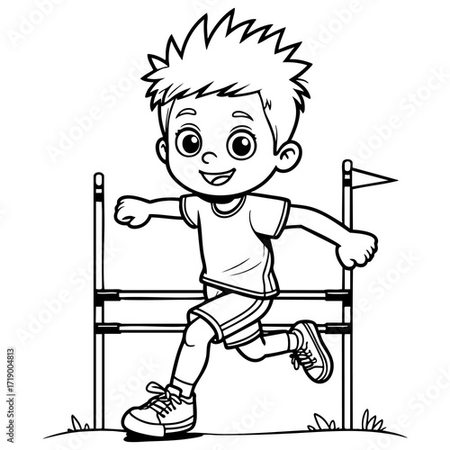 Boy running hurdles coloring page