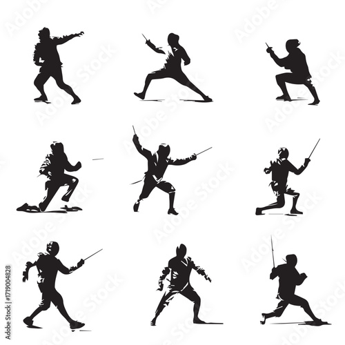 Dynamic fencing silhouette set featuring athletes in action isolated on white background