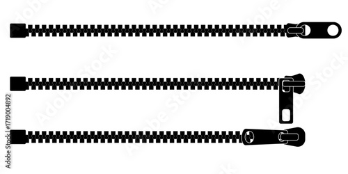 Realistic zipper pull vector icon. Isolated sketch of open metal zip for clothes jacket or bag. Flat fashion accessory illustration with teeth design for textile or apparel template.