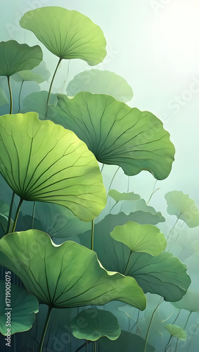 Isolated close-up of vibrant green foliage against a clear blue sky, showing a fresh, natural texture