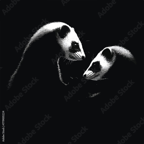 Collection of ferret silhouettes in various poses isolated on white background
