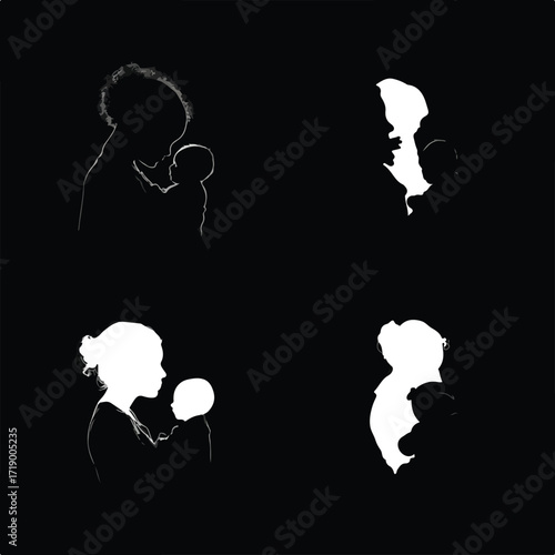 Collection of fetus silhouettes in various poses isolated on white background silhouette