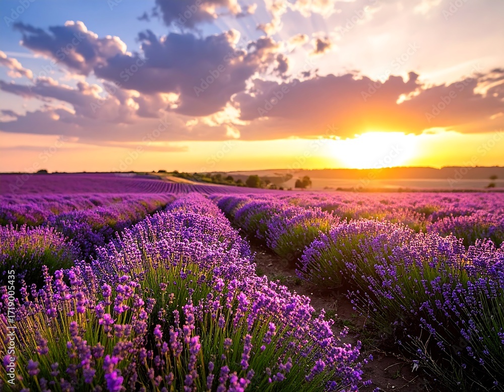 Naklejka premium Lavender field at sunset