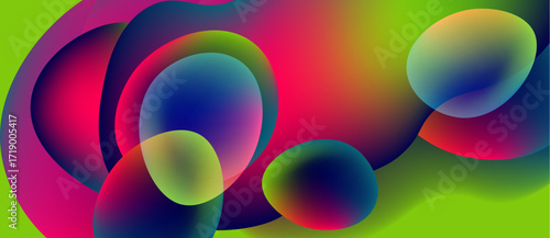 Abstract vibrant circles overlap, creating colorful gradients. Background glows bright green, magenta, blue hues dominate composition.