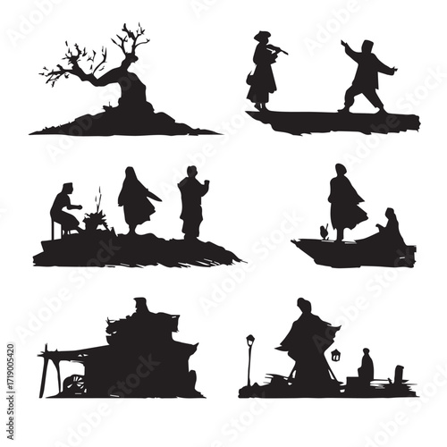 Fiddler on the roof silhouette set featuring musicians and dancers isolated on white background