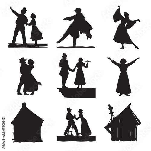 Collection of fiddler on the roof themed silhouettes for graphic design projects isolated on white background