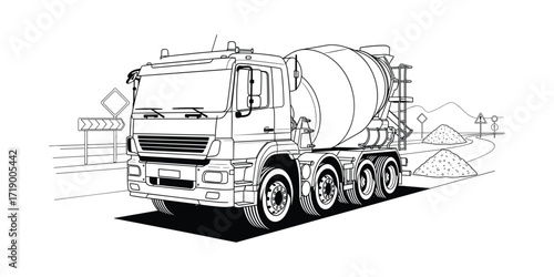 Concrete Mixer Truck at Construction Site Vector Art