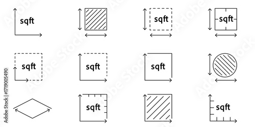 Real estate square feet icon with FT2 symbol. Flat area or space dimension in square feet. Clean linear vector design for property size
