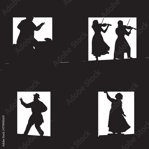 Charming fiddler on the roof silhouette collection for storytelling and cultural designs isolated on white background