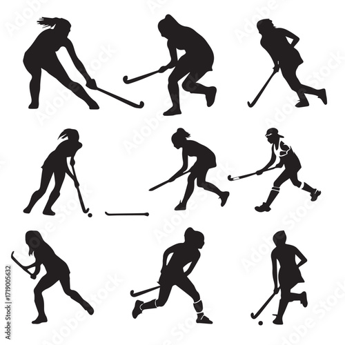 Dynamic field hockey player silhouettes in action poses isolated on white background