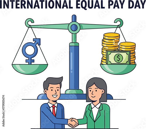 Illustration of a man and a woman shaking hands for international equal pay day 