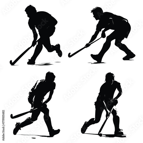 Collection of field hockey stick silhouettes in black and white isolated on white background