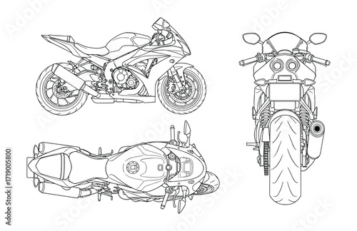 Detailed Vector Line Art of a Modern Sport Motorcycle Design