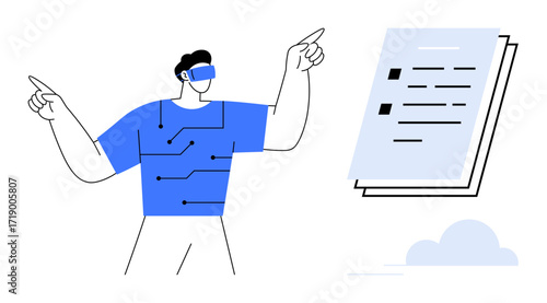 Individual in AR headset interacts with floating digital document, signaling innovation, technology, and futuristic interaction. Ideal for virtual reality, augmented reality, innovation, technology