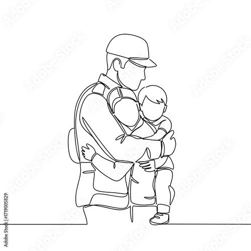 Father holding child in arms with a caring expression in line art  