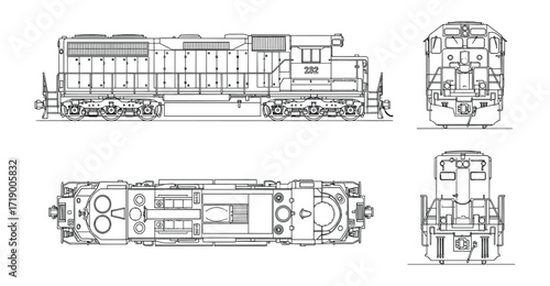 Detailed Technical Drawing of a Modern Diesel Locomotive