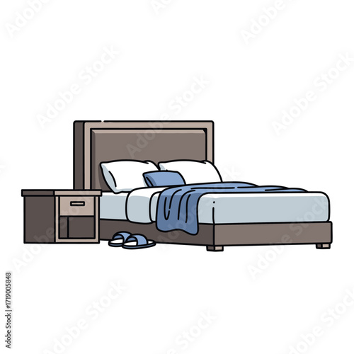 Cozy Bedroom Scene With Bed Nightstand and Slippers