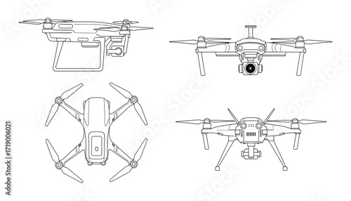 Drone Vector Drawing: Multiple Views, Black and White Line Art