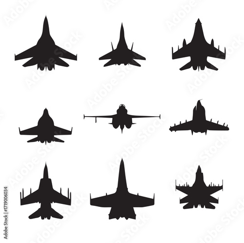 Collection of diverse fighter jet silhouettes for aviation graphics isolated on white background