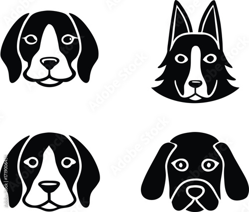 dog, head, mascot, icon, set, silhouette, pet, animal, canine, puppy, breed, beagle, shepherd, hound, domestic, character, logo, emblem