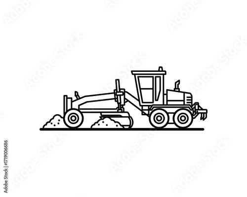 Grader Vector Illustration, Road Construction, Black Outline